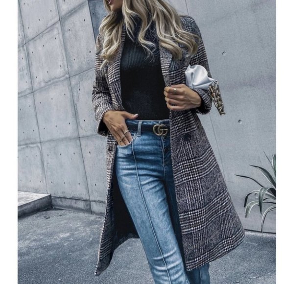 plaid Print Double Breasted Pea Overcoat jacket fall/winter - Picture 9 of 15